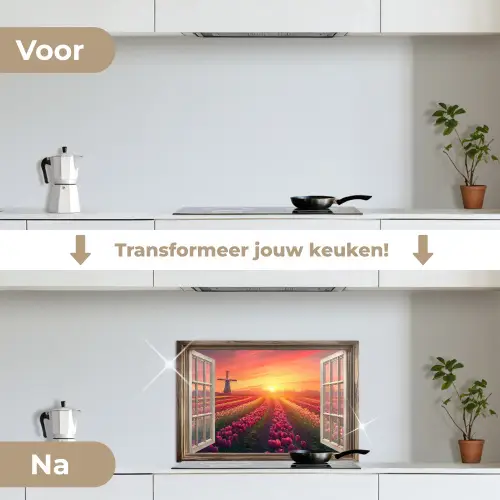 Doorkijk - Tulpen - Zonsondergang - Bloemen - Kleurrijk keuken achterwand spatscherm klein -voor_na_NL