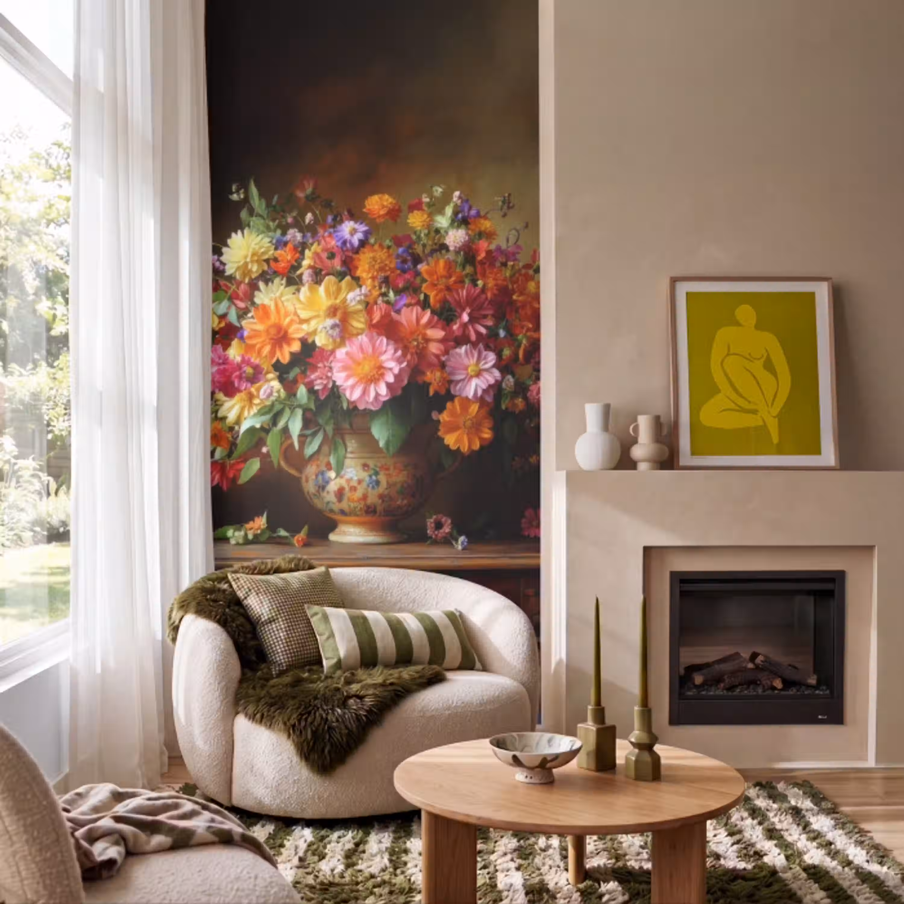 Kleuren - Boeket - Vaas - Hout Behang Vlies klein -sfeer2