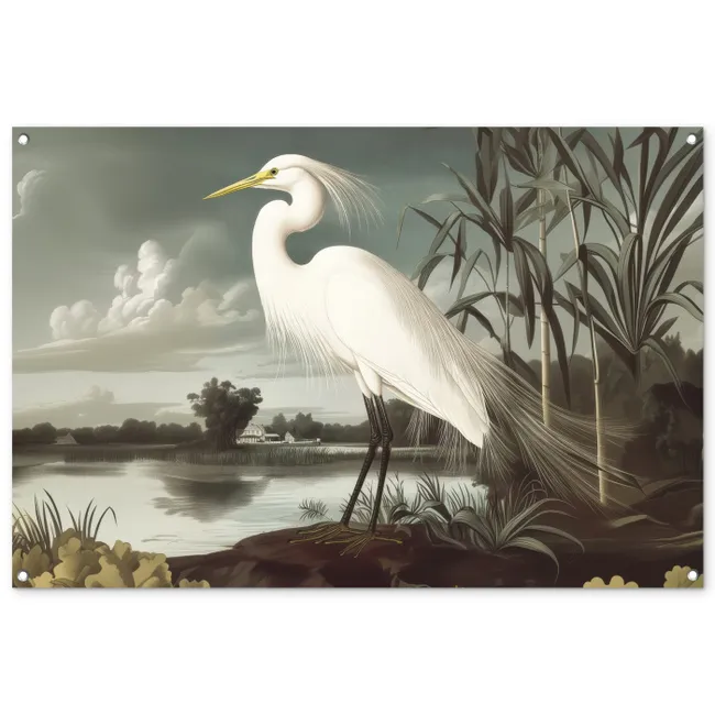 Tuinposter - Reiger - Planten - Wolken - Wit