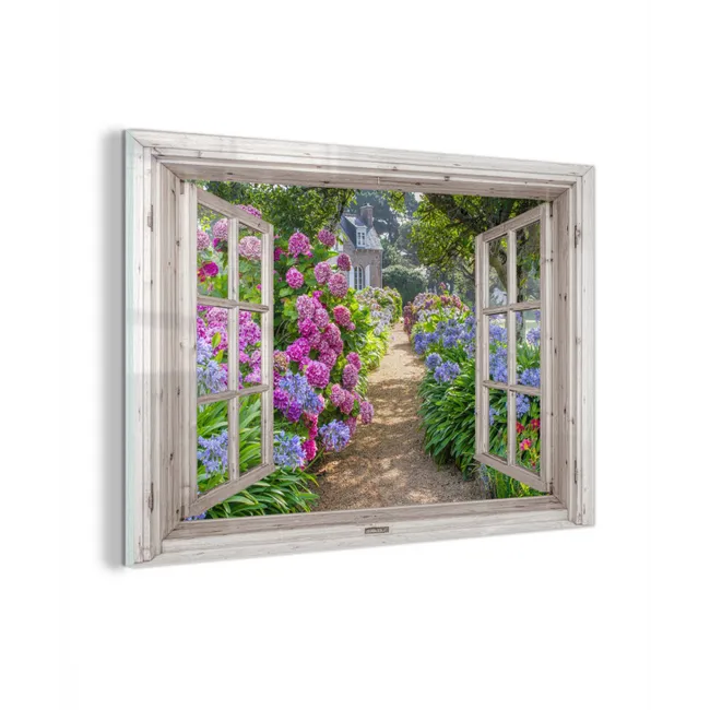 Glas schilderij - Hortensia - Doorkijk - Bloemen - Zomer - Paars - Pad