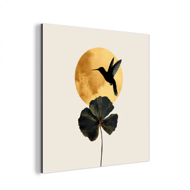 Zwarte kolibrie - Bloem - Gouden cirkel aluminium wit klein -3d