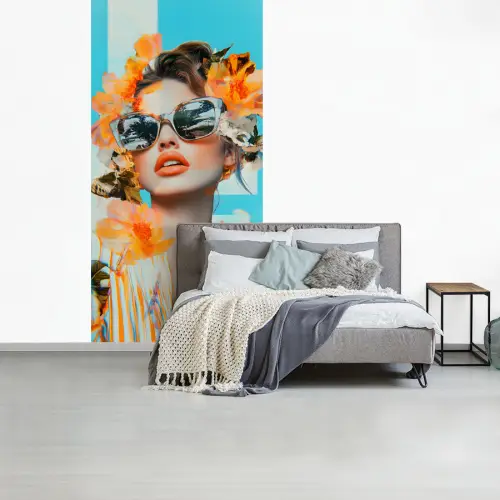 Bloemen - Vrouw - Zonnebril - Blauw fotobehang vinyl groot -slaapkamer