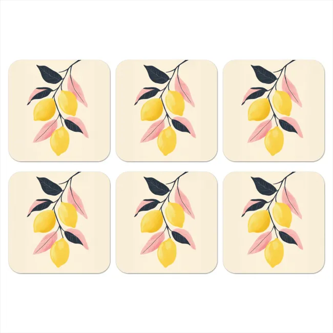 Coaster - Lemons - Bright yellow - Branch - Leaves