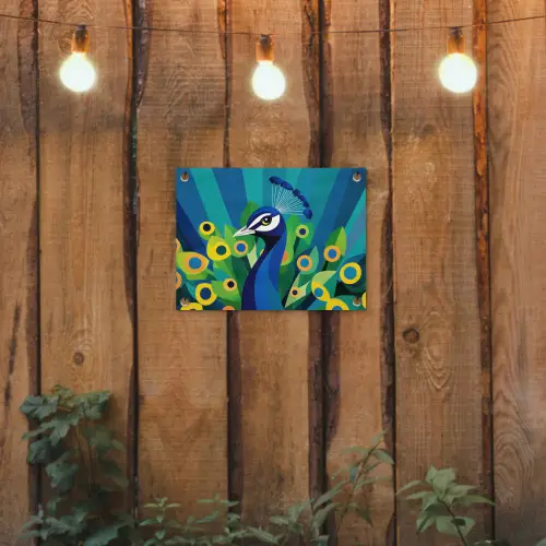 Pauw - Cirkels - Blauw tuinposter los doek klein -sfeer1