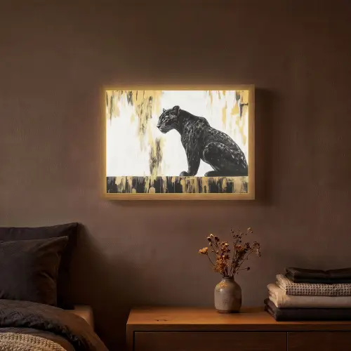 Panter - Zwart - Abstract - Goud Light Box met batterij (Wandlamp) middel -sfeer4