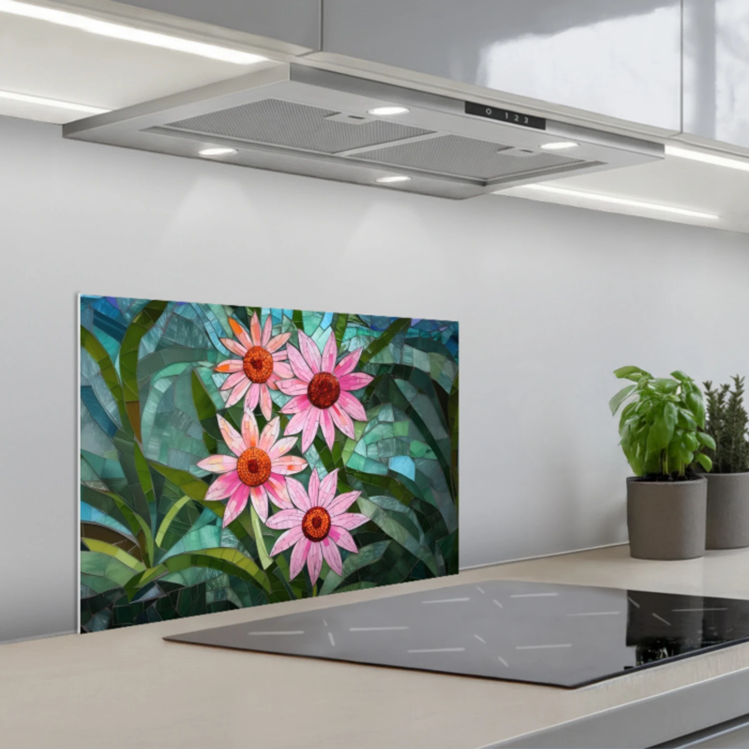 Kitchen splashback for hob - Flowers - Pink - Glass Mosaic ...