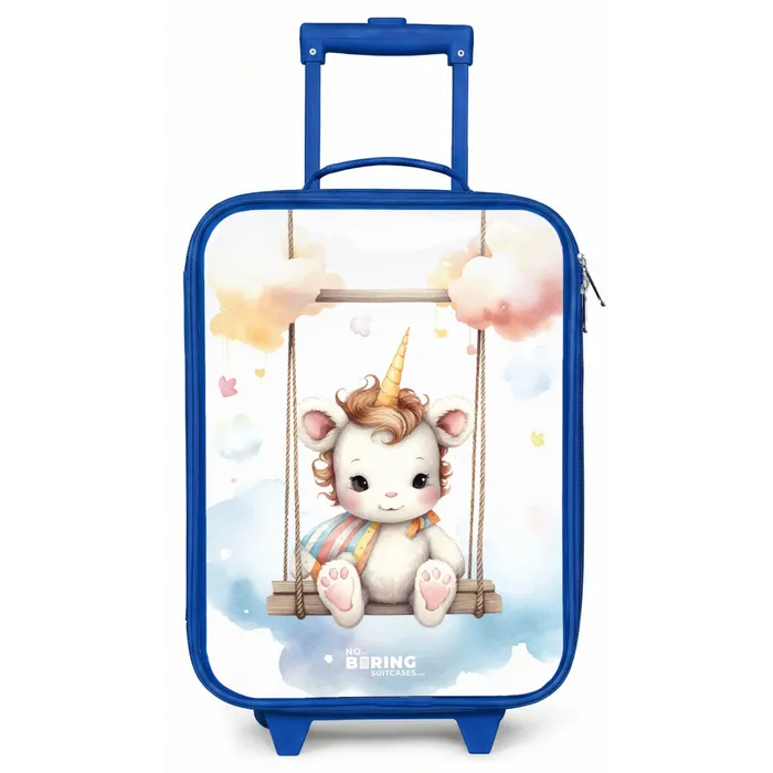 Witte baby eenhoorn op een schommel in de wolken Kinderkoffer - Blauw klein -zz3dotto