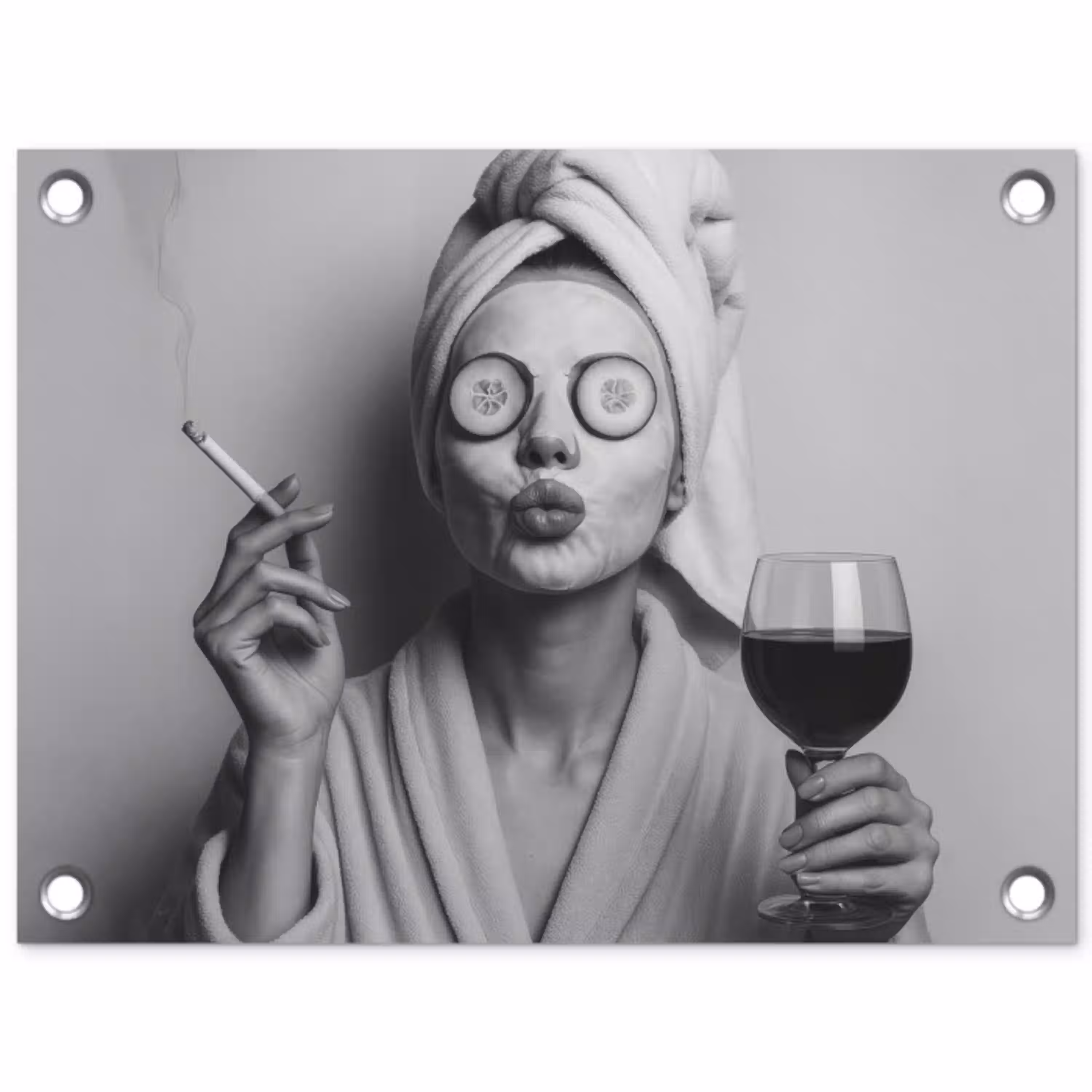 Vrouw - Masker - Wijn - Sigaret tuinposter los doek klein -3d