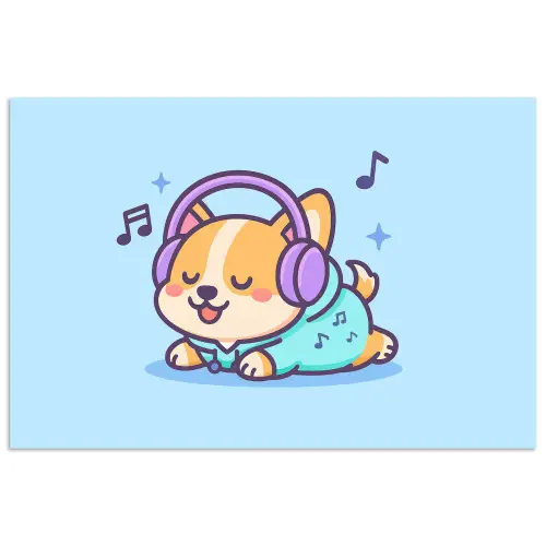 Corgi - Koptelefoon - Blauw - Muzieknoten poster papier klein -3d