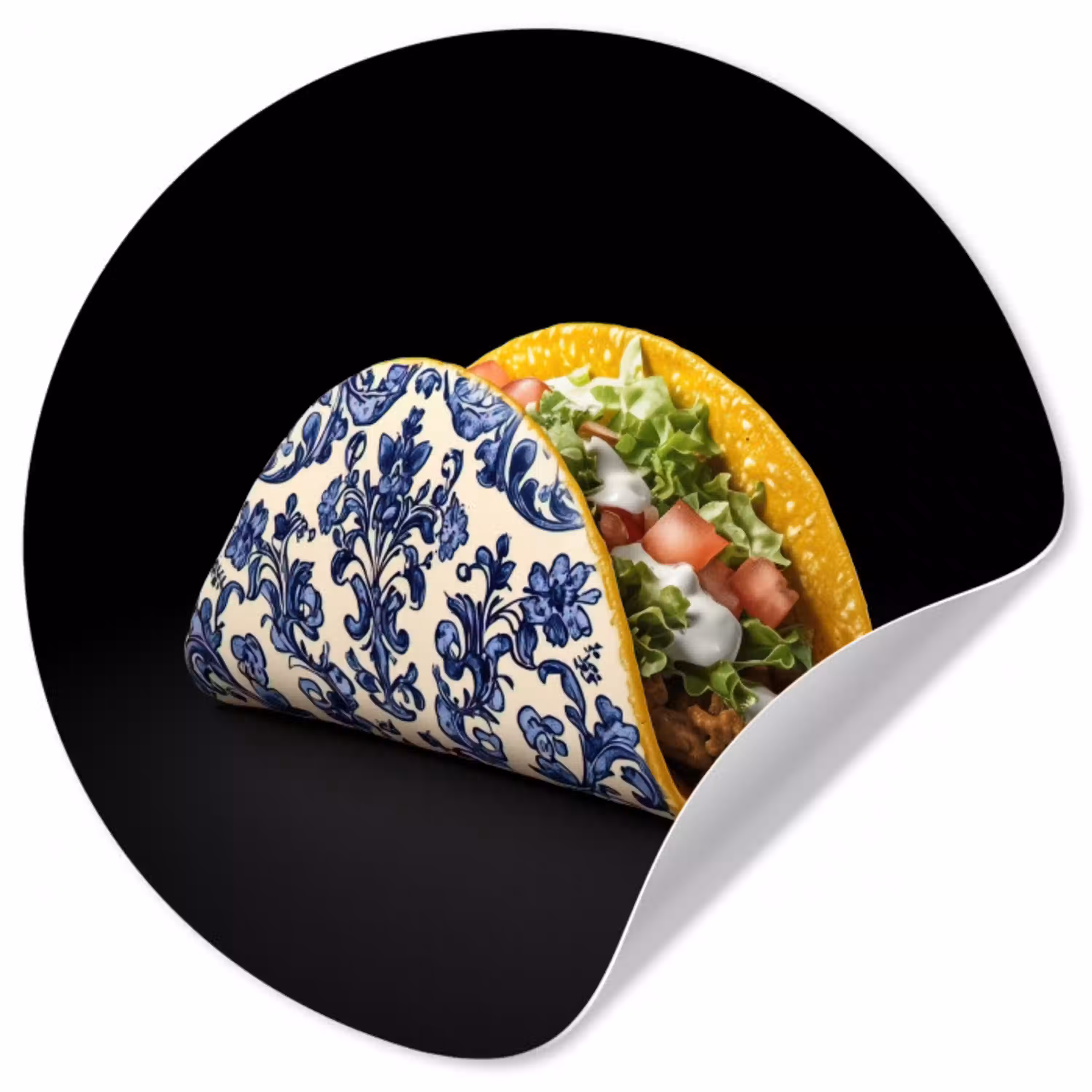 Taco - Vlees - Salade - Delftsblauw - Motief Wandcirkel behangsticker klein -3d