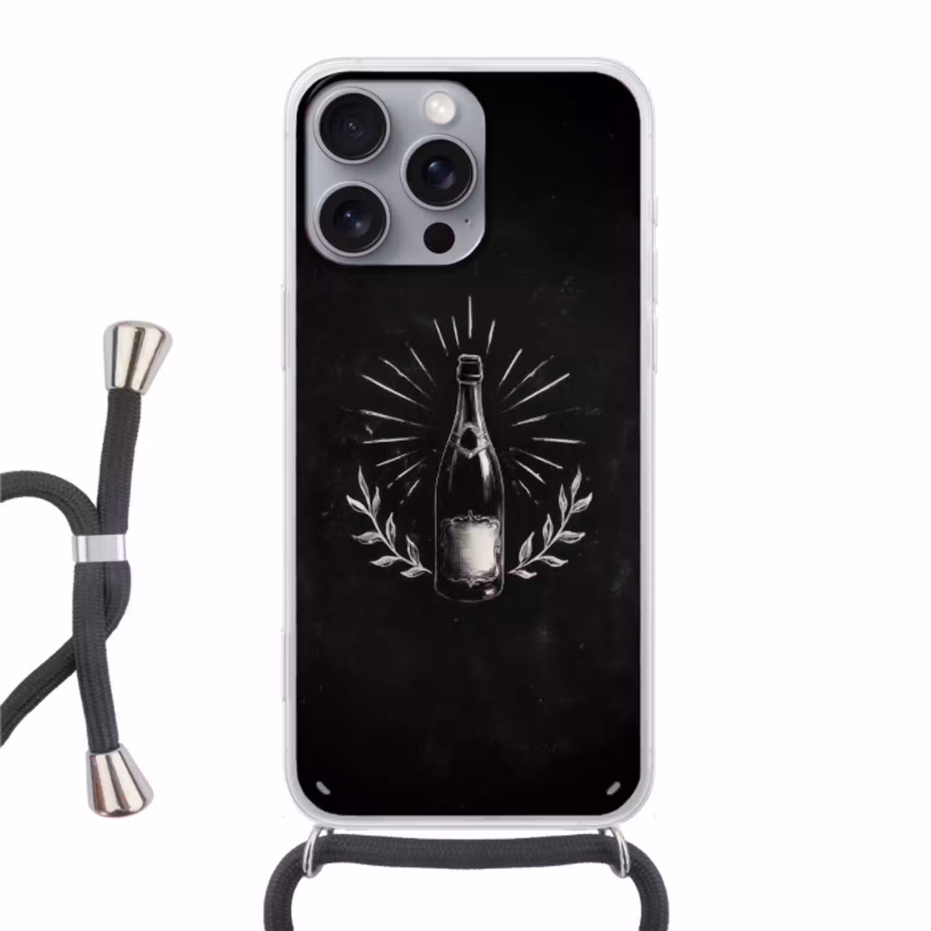 Champagnefles - Lauriertakken - Zwarte achtergrond Hoesje iPhone 16 Pro Max met koord klein -3d