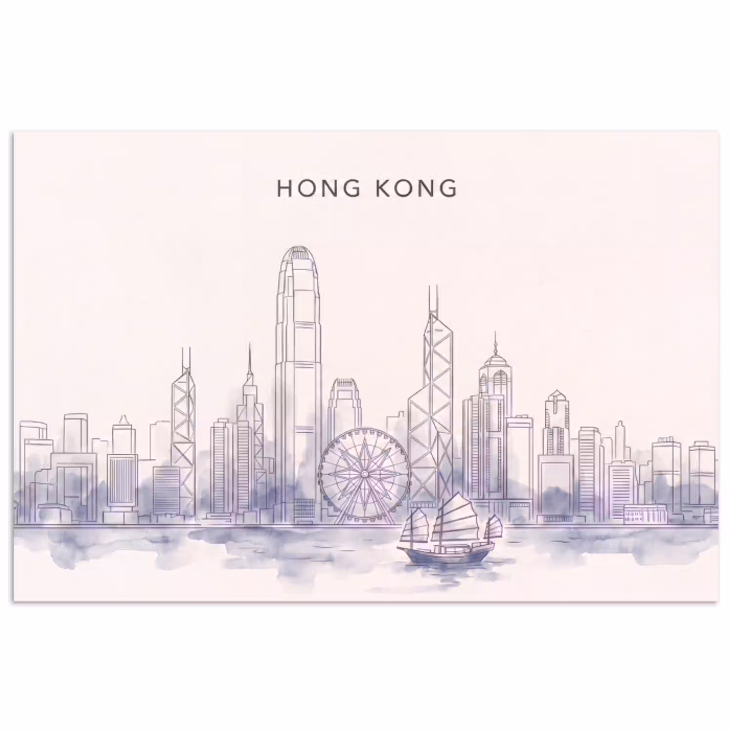 Stad - Skyline - Water - Lijntekening - Blauw poster papier klein -3d