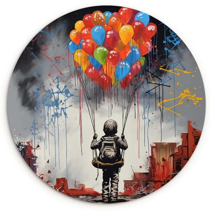 Jongen - Ballonnen - Gebouwen - Kunst Wandcirkel kunststof plaat 5mm dik klein -3d