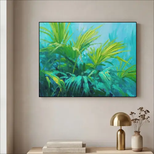 Bladeren - Groen - Schilderij - Abstract Textielframe zwart klein -sfeer2