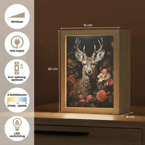 Hert - Dier - Bloemen - Natuur - Botanisch Light Box met kabel (Tafellamp) klein -USP_NL
