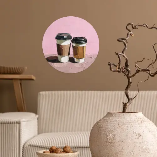 Koffiebekers - Deksel - Verf - Textuur Wandcirkel behangsticker klein -sfeer1