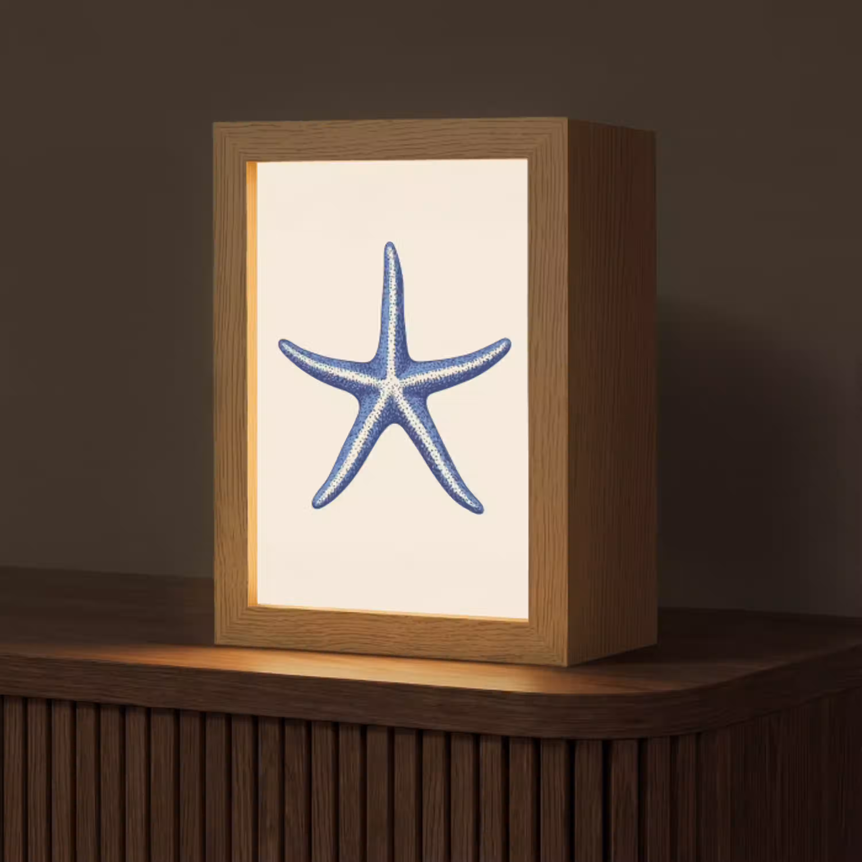 Blauwe zeester - Minimalistisch - Beige Light Box met kabel (Tafellamp) klein -z3d_website