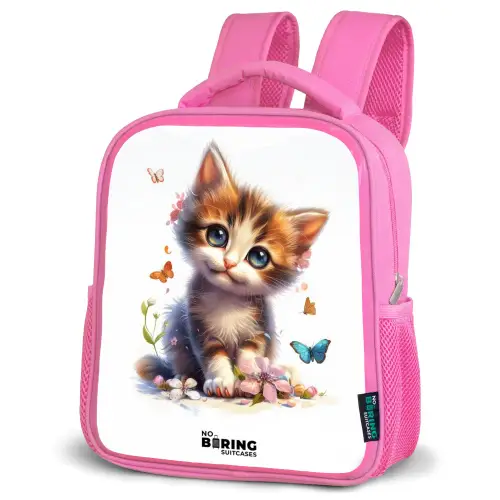 Portret van een kitten omringd door vlinders Kinderrugzak - Roze middel -schuin