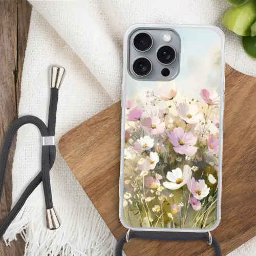 Bloemenveld - Lichte tinten - Geschilderd Hoesje iPhone 16 Pro Max met koord klein -sfeer4