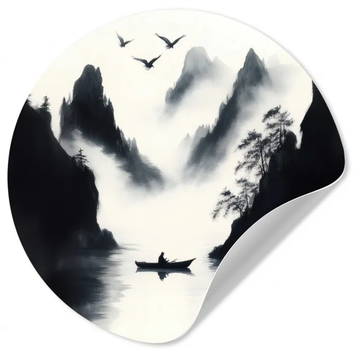Roeiboot - Mistig - Bergen - Vogels Wandcirkel behangsticker klein -3d