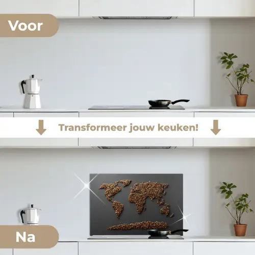 Wereldkaart - Koffie - Grijs keuken achterwand spatscherm klein -voor_na_NL