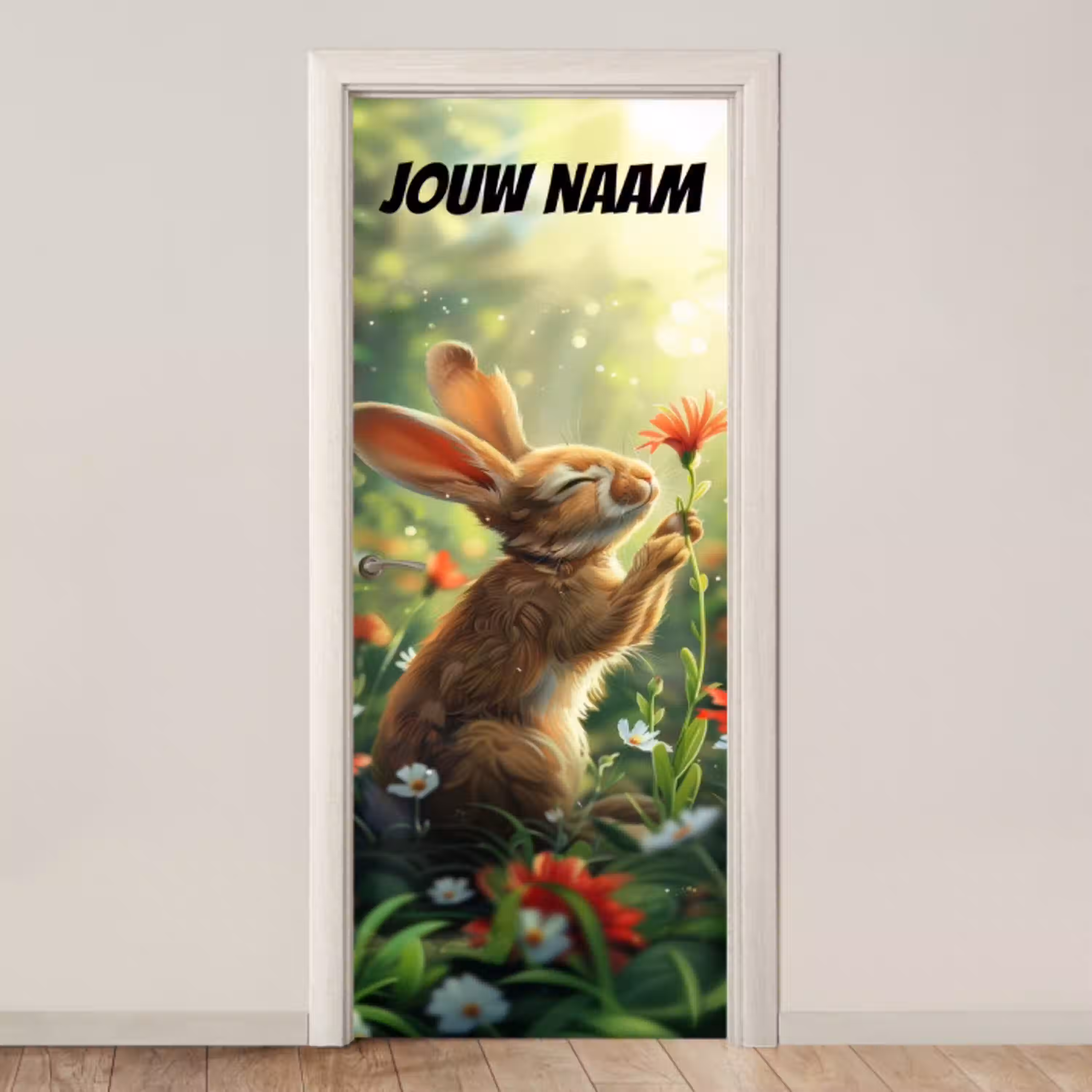 Schattig konijntje met bloem en de tekst “Deze kamer is van: jouw naam”. deurposter klein -3d_beige