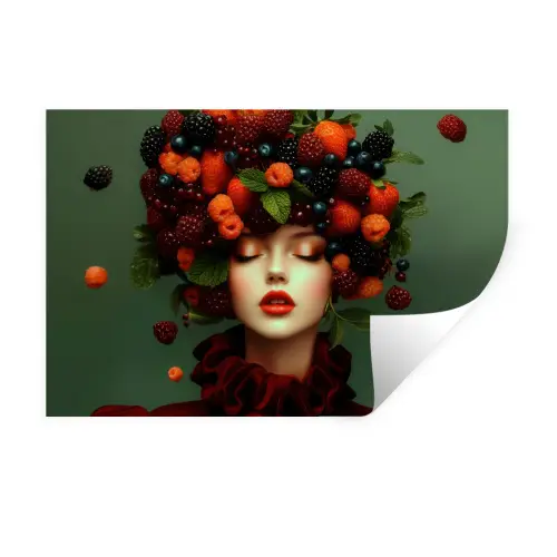 Vrouw - Aardbeien - Frambozen - Bramen - Bessen Muursticker klein -3d