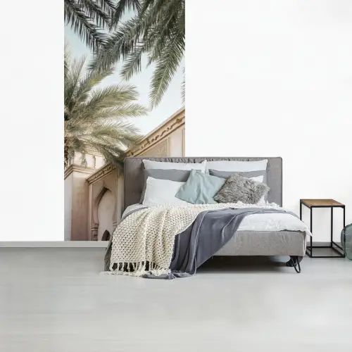 Gebouw - Palmbomen - Beige - Zon fotobehang vinyl groot -slaapkamer
