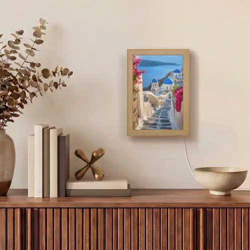 Santorini - Bloemen - Griekenland Light Box met kabel (Tafellamp) klein -sfeer2