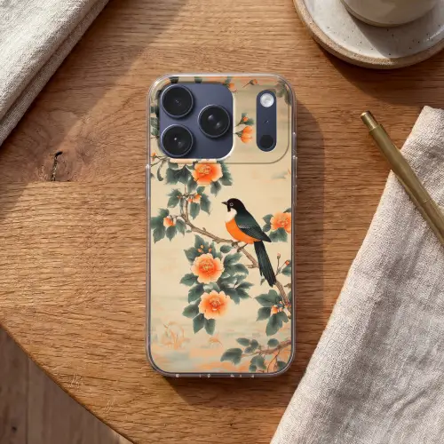 Vogel - Tak - Bloemen - Oranje Telefoonhoesje iPhone 17 Pro klein -sfeer1