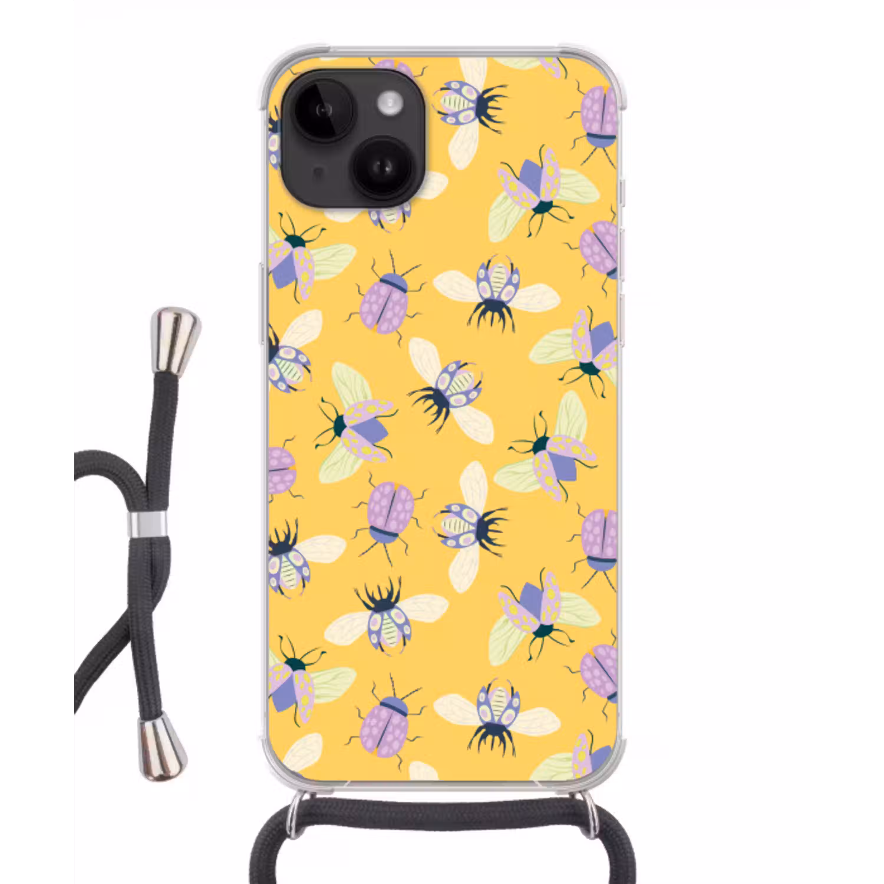 Insecten - Patroon - Geel - Paars - Kleurrijk Crossbody Case iPhone 14 middel -3d