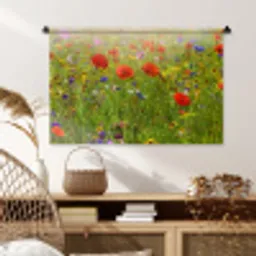 Lente - Bloemen - Rood - Klaproos - Gras - Groen Wandkleed katoen middel -sfeer5