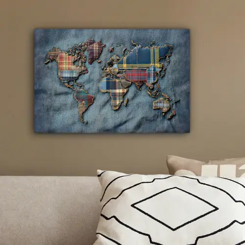 Wereldkaart - Denim - Textiel canvas 2cm klein -sfeer3
