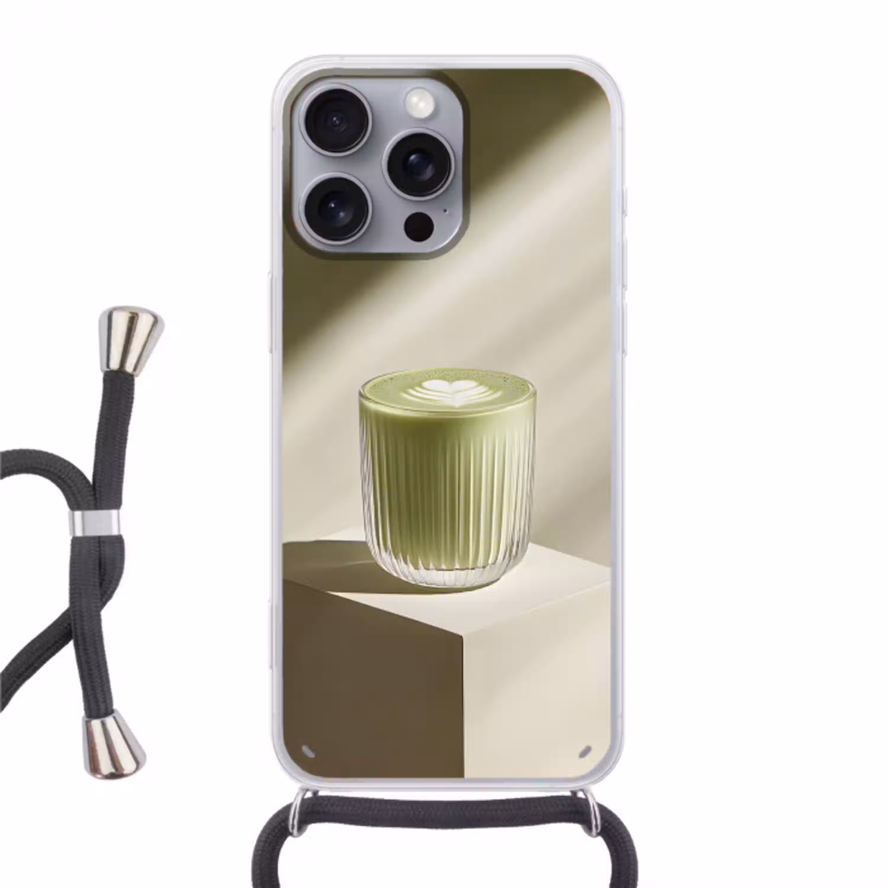 Matcha - Glas - Groen - Minimalistisch Hoesje iPhone 16 Pro Max met koord klein -3d