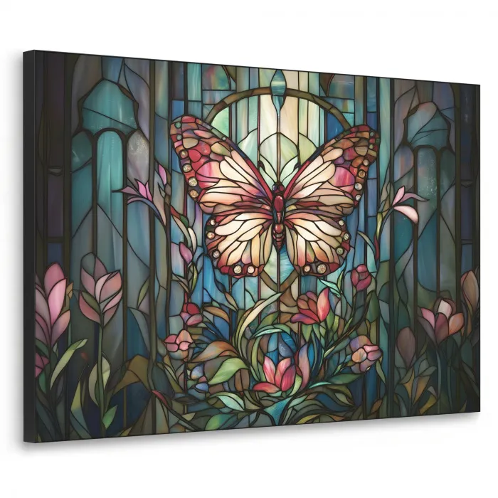 Vlinder - Roze - Bloemen - Bladeren Textielframe zwart klein -3d