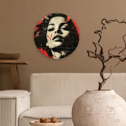 Graffiti - Vrouw - Rood - Street art - Banksy Wandcirkel kunststof plaat 5mm dik klein -sfeer1