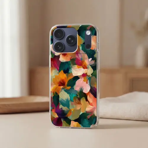 Harmonieus - Abstracte bloemen - Warme tinten Telefoonhoesje iPhone 17 Pro klein -sfeer2