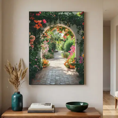 Doorkijk - Bloemen - Natuur - Bloementuin Textielframe zwart klein -sfeer1