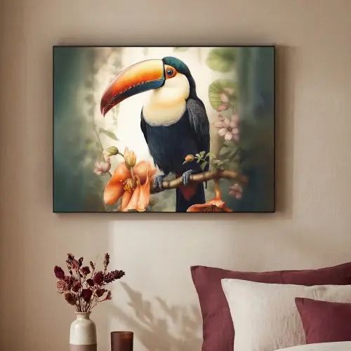 Toekan - Vogel - Bloemen - Planten Textielframe zwart klein -sfeer1