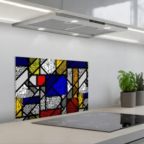 Mondriaan - Glas in lood - Oude Meesters - Kunstwerk - Abstract - Schilderij keuken achterwand spatscherm klein -3d_schuin