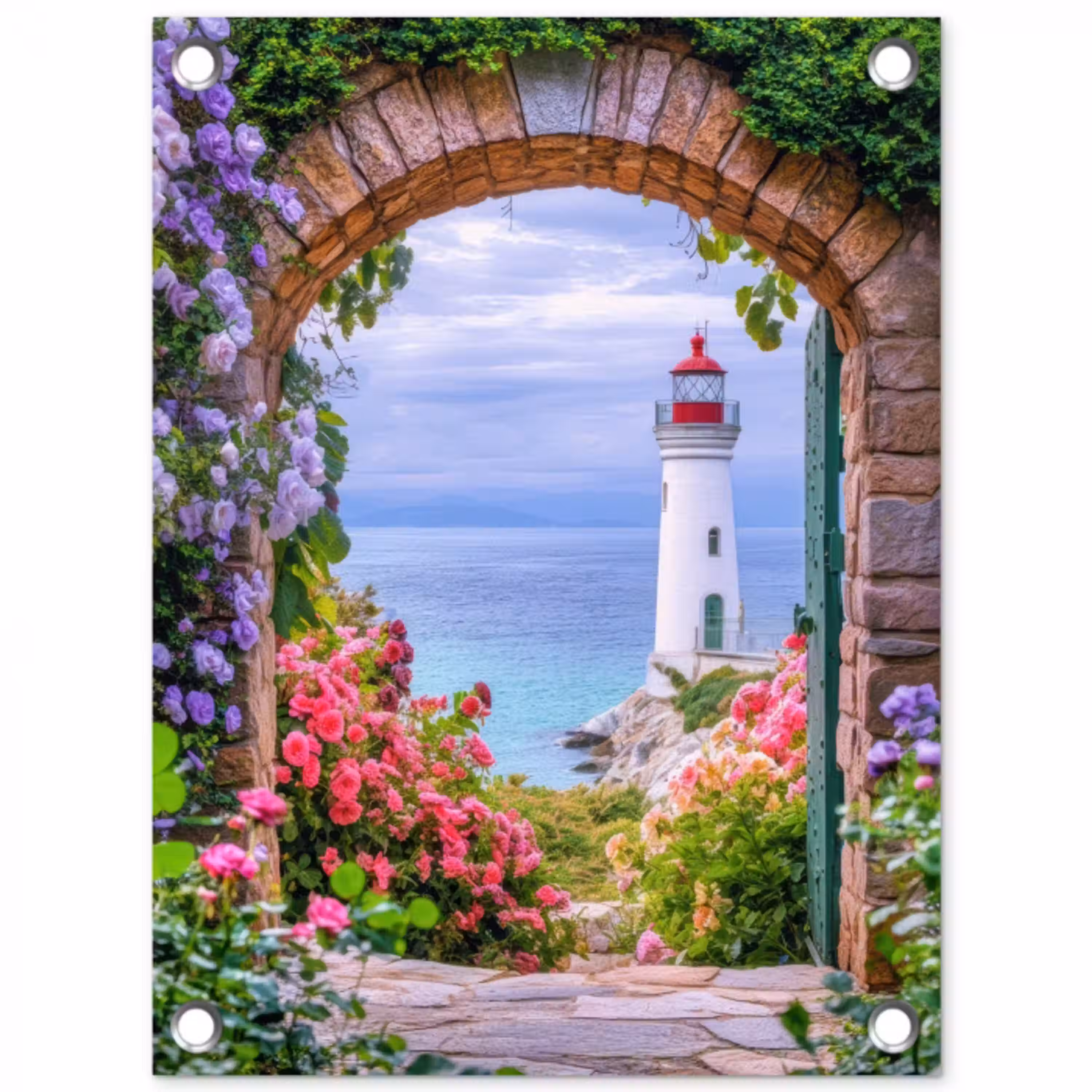 Doorkijk - Vuurtoren - Bloemen - Uitzicht tuinposter los doek klein -3d