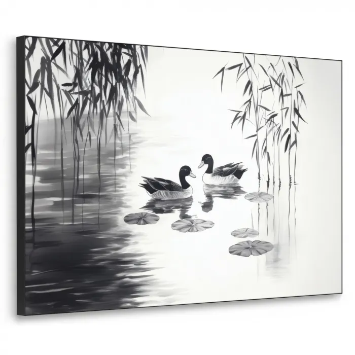 Eenden - Waterlelies - Riet - Zwart Textielframe - compleet frame klein -3d