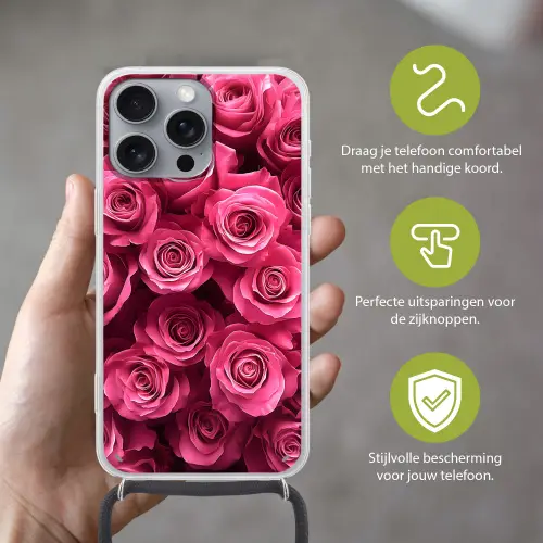 Rozen - Pink - Bloem Hoesje iPhone 16 Pro Max met koord klein -sfeer2_NL