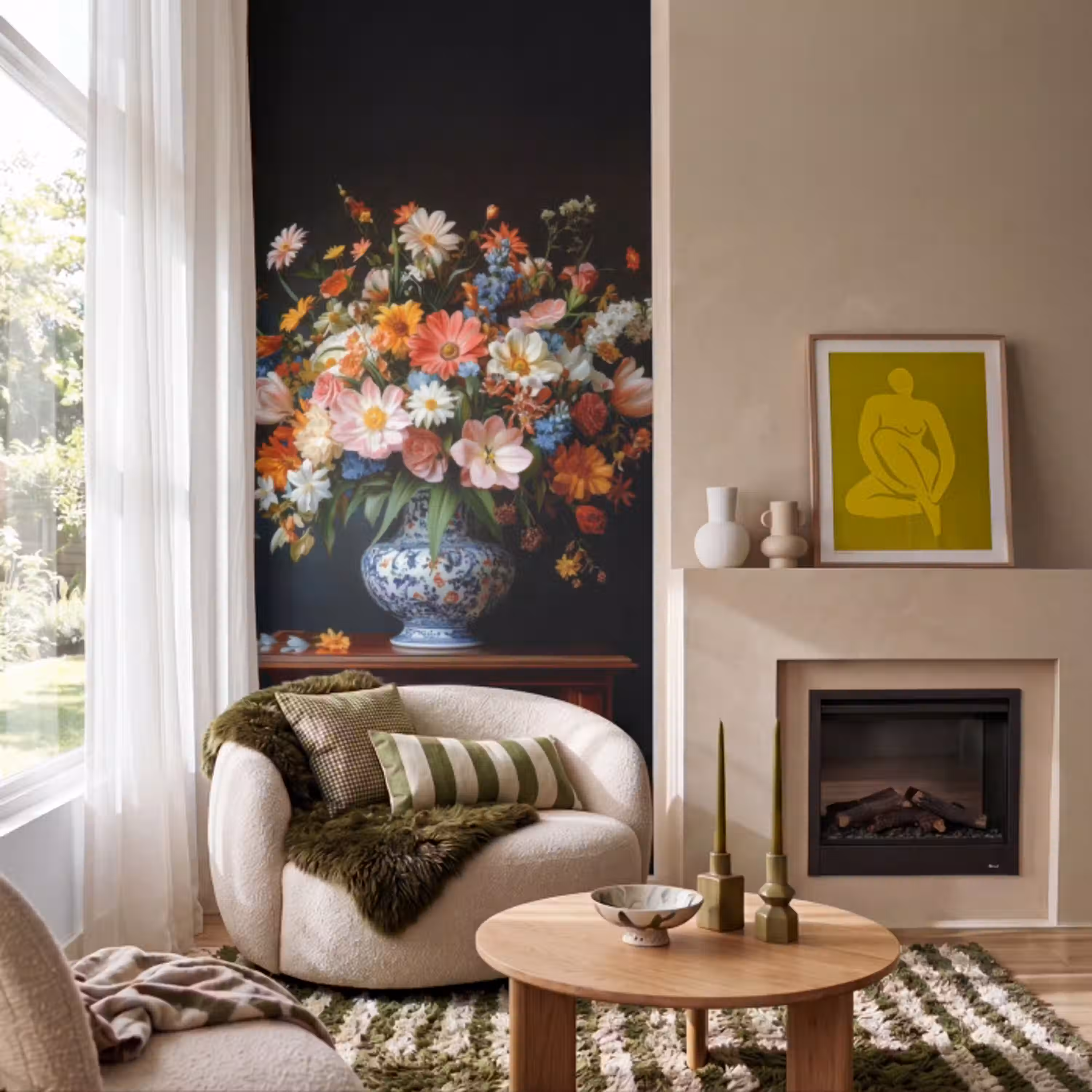 Boeket - Roze - Bloemen - Vaas Behang Vlies klein -sfeer2