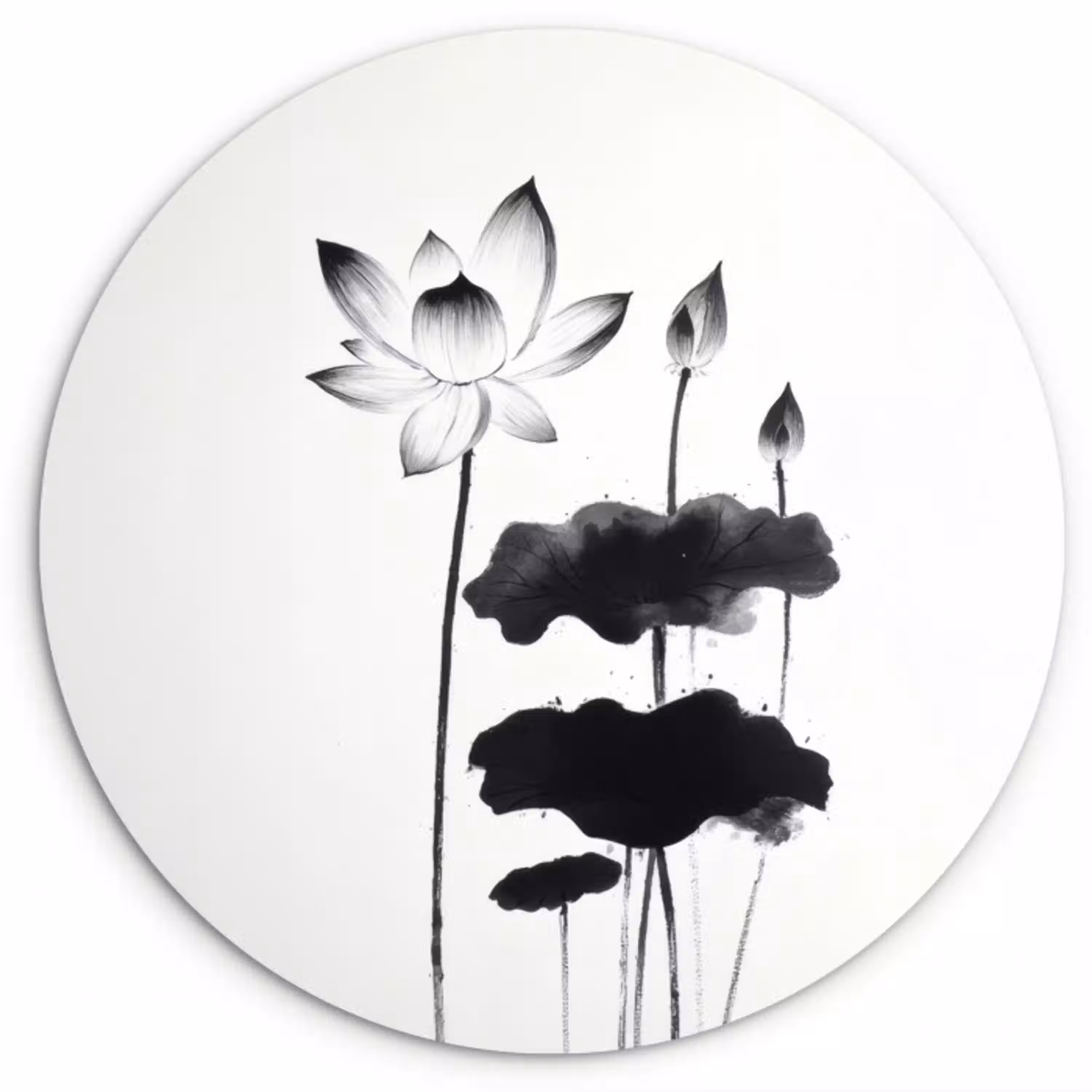 Bladeren - Zwart - Lotusbloem - Minimalitisch Wandcirkel kunststof plaat 5mm dik klein -3d