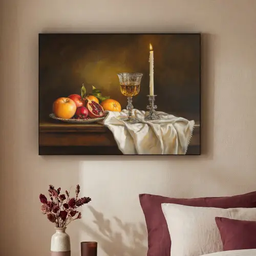 Fruit -  Stilleven - Wijn - Kaars Textielframe zwart klein -sfeer1