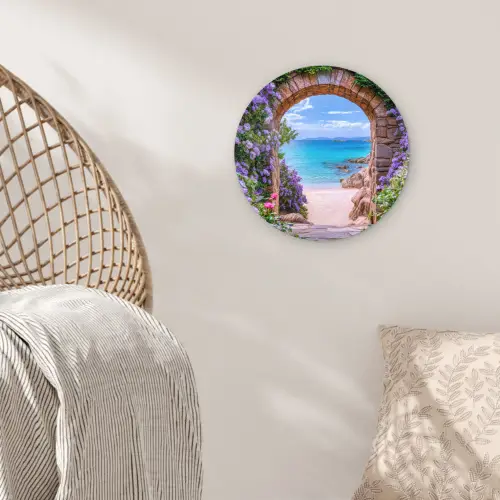 Doorkijk - Poort - Zee - Strand - Rotsen Wandcirkel kunststof plaat 5mm dik klein -sfeer5