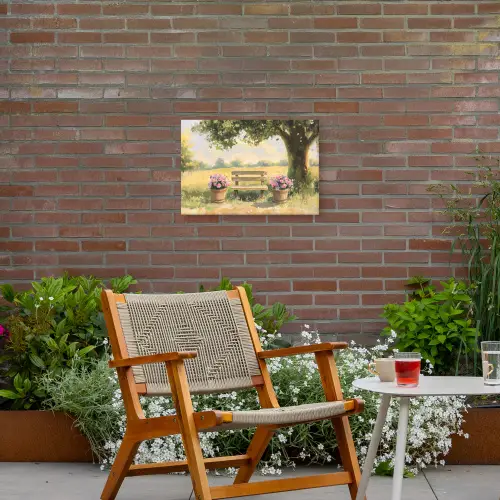 Houten bankje - Bloempotten - Landschap Tuinposter op houten frame 2 cm dik klein -sfeer3