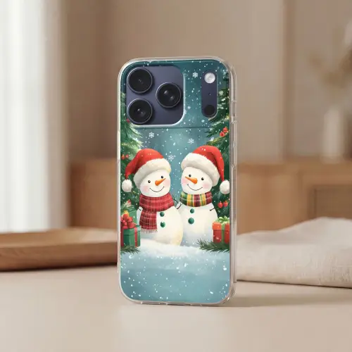 Sneeuwpop - Kerstsneeuw - Groen - Rood Telefoonhoesje iPhone 17 Pro klein -sfeer2