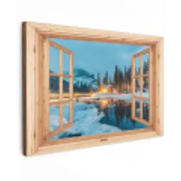 Winterlandschap - Natuur - Huis - Bergen - Doorkijk - Raam Tuinposter op houten frame 2 cm dik klein -3d